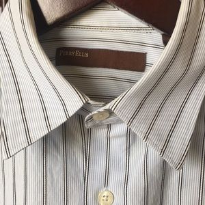 Perry Ellis mens M 💯 Cotton button-down shirt w cuff light blue stripes w brown